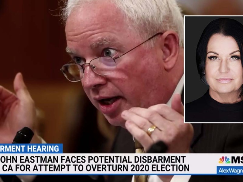 Ashley Adams (inset) will be John Eastman's lawyer in the Arizona case.